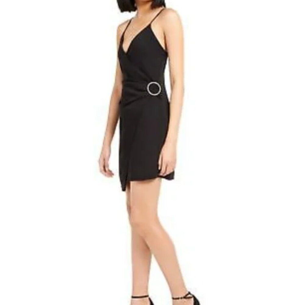 NEW LEYDEN Black Faux-Wrap Mini Party Dress w/ Rhinestone Detail Glitz & Glam LG